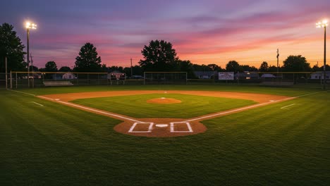 a captivating transition from dusk to twilight at a baseball field, capturing the tranquil beauty of the changing sky over the diamond and its surroundings