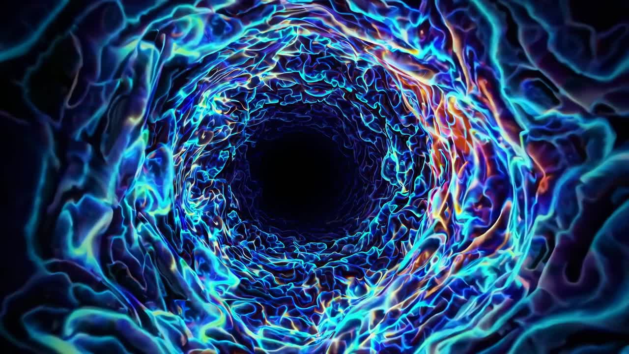 A mesmerizing, abstract video of swirling neon blue and orange patterns, captured from a top-down
