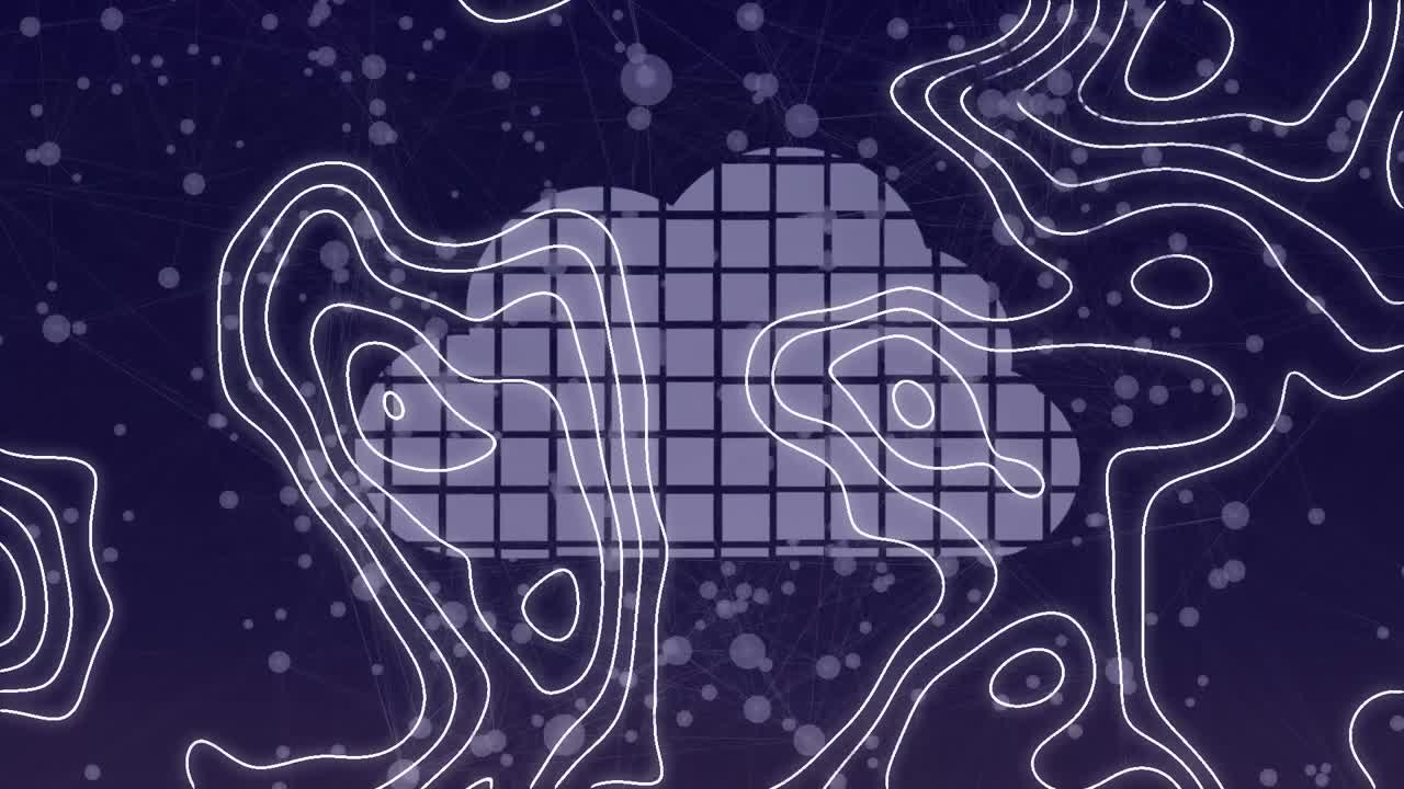 Animation of white lines networks of connections and digital cloud on blue background