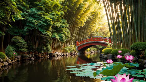 peaceful japanese garden with red bridge and lotus flowers