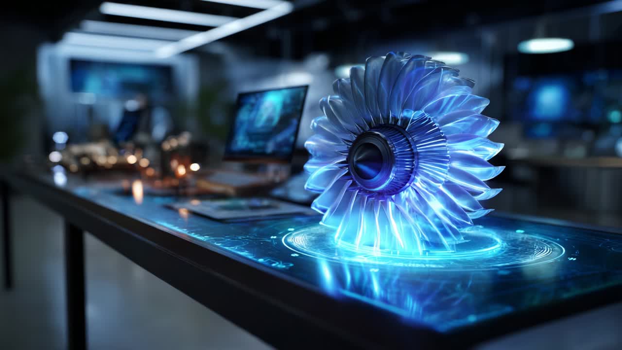 A Futuristic Turbine Design Glowing in a Modern Technology Lab, Showcasing Advanced Engineering and Innovative Concepts with Sleek Lines and Dynamic Lighting Effects for High-Performance Systems