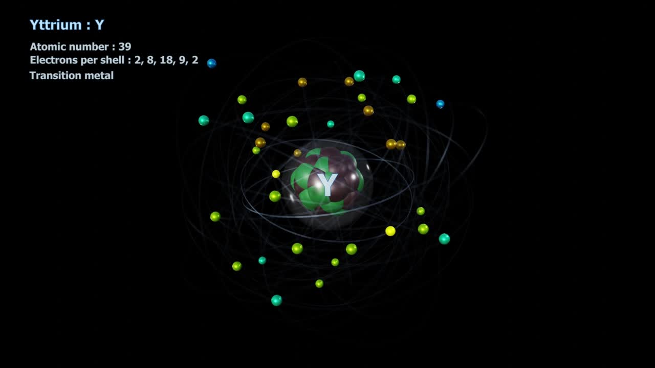 Atom of Yttrium with 39 Electrons in infinite orbital rotation on black