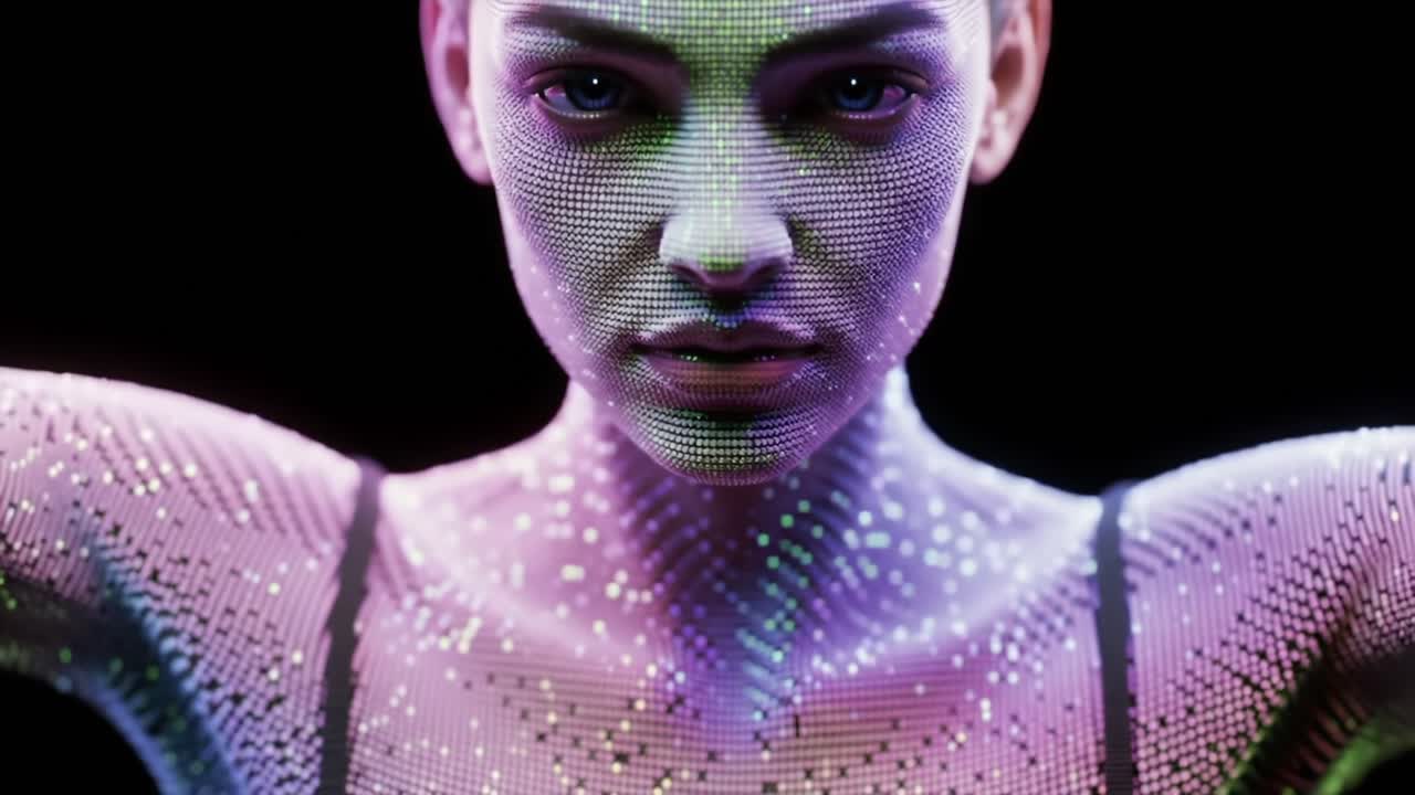 3D Visual Art Featuring a Digital Human With Vibrant Pixel Patterns in a Dark Background