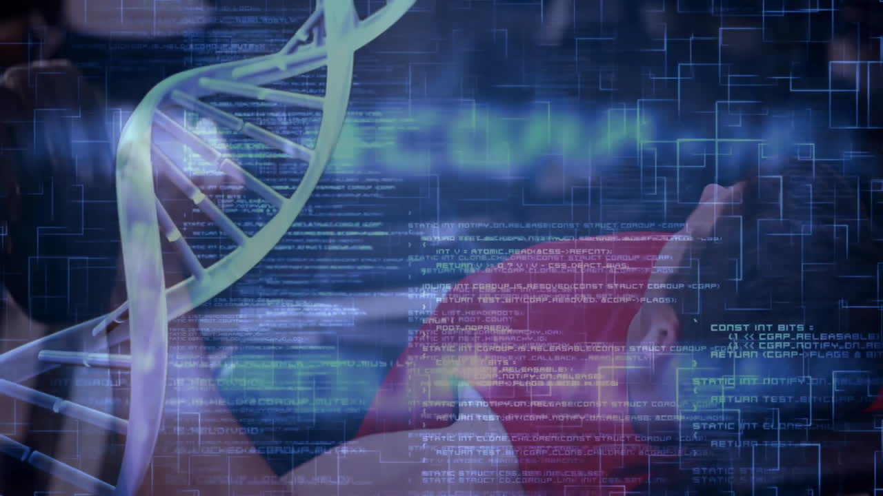 cadena de adn y animación de codificación sobre persona en camisa roja