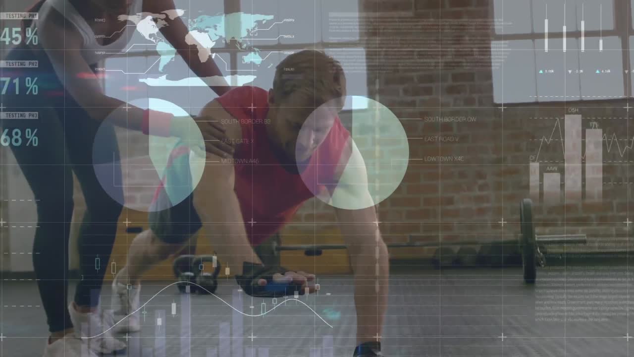 체육관에서 운동하는 백인 커플에 대한 금융 데이터 처리 애니메이션