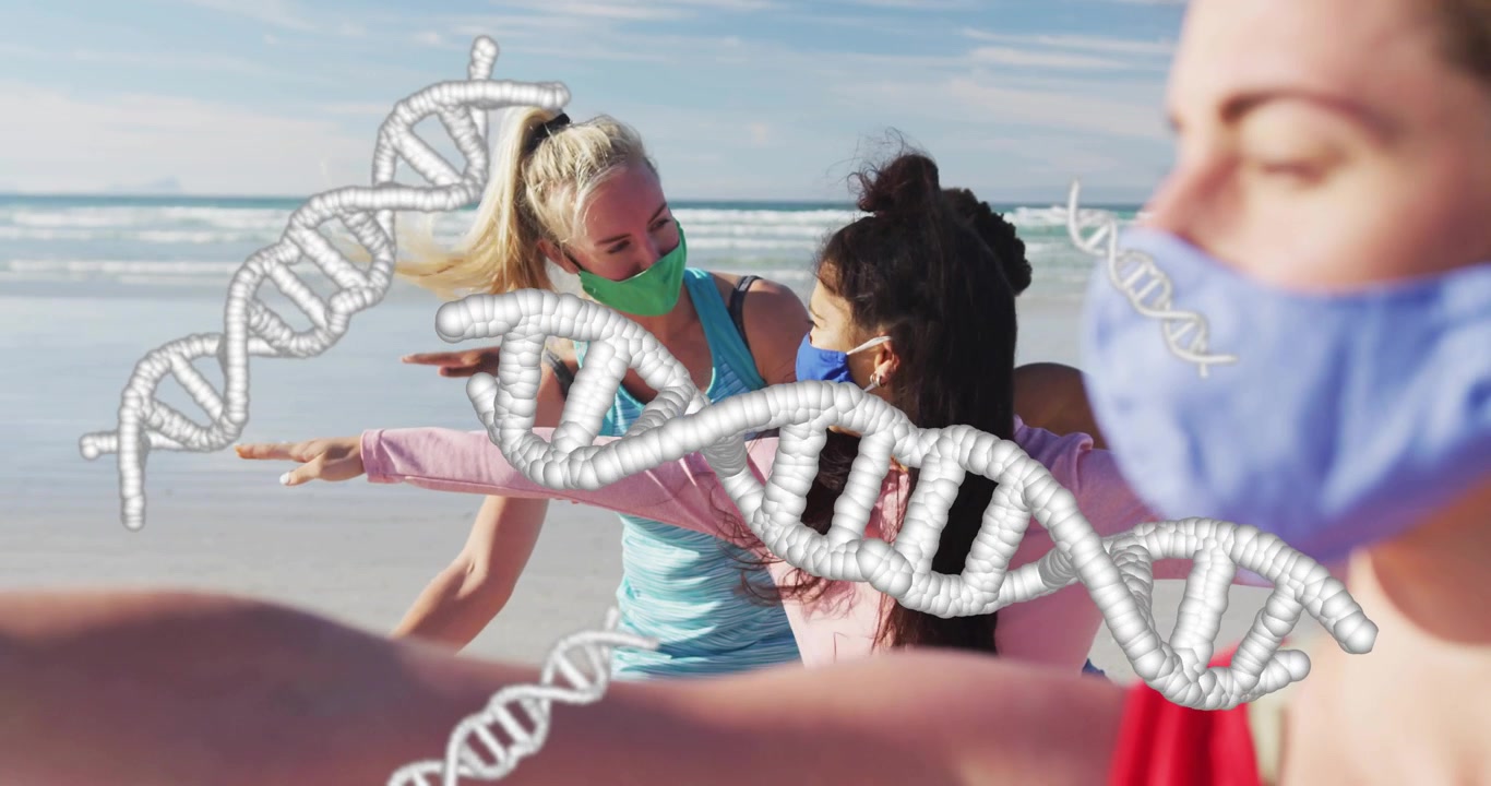 Women Practicing Yoga on Beach with Digital DNA Overlay