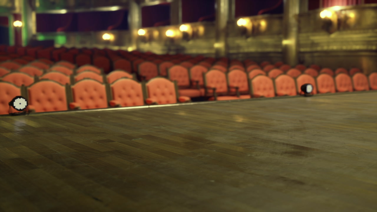 Detailed perspective of retro stage planks bathed in soft light and markings