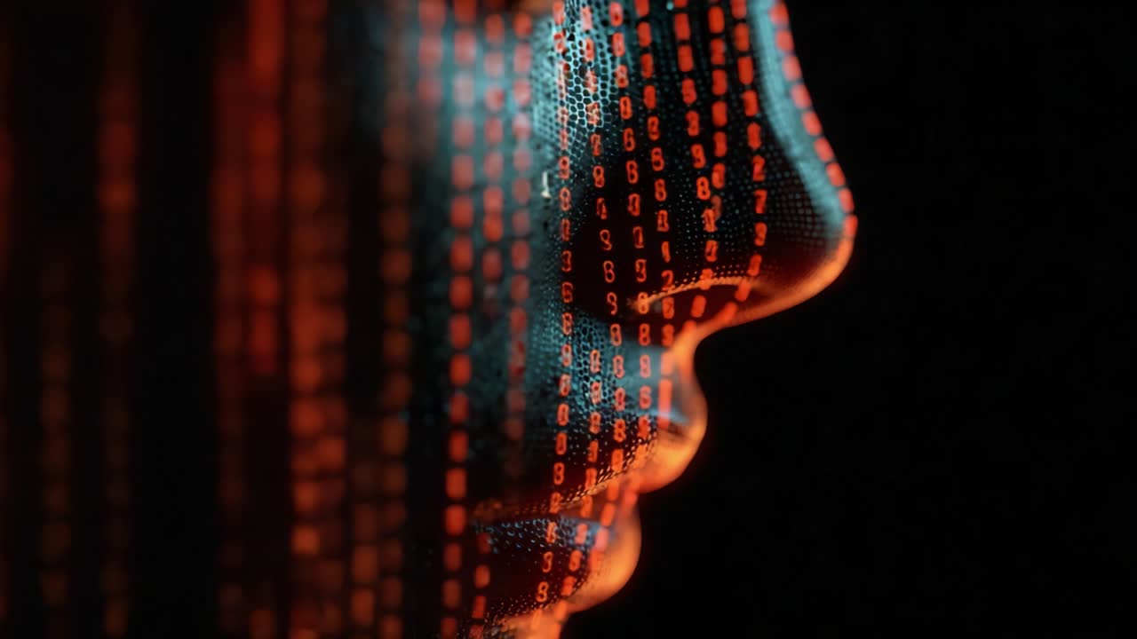 Een boeiende verkenning van de samensmelting tussen menselijkheid en technologie, die een gezicht toont dat is gehuld in een waterval van binaire code, naast een abstracte weergave van de digitale wereld en haar complexiteit