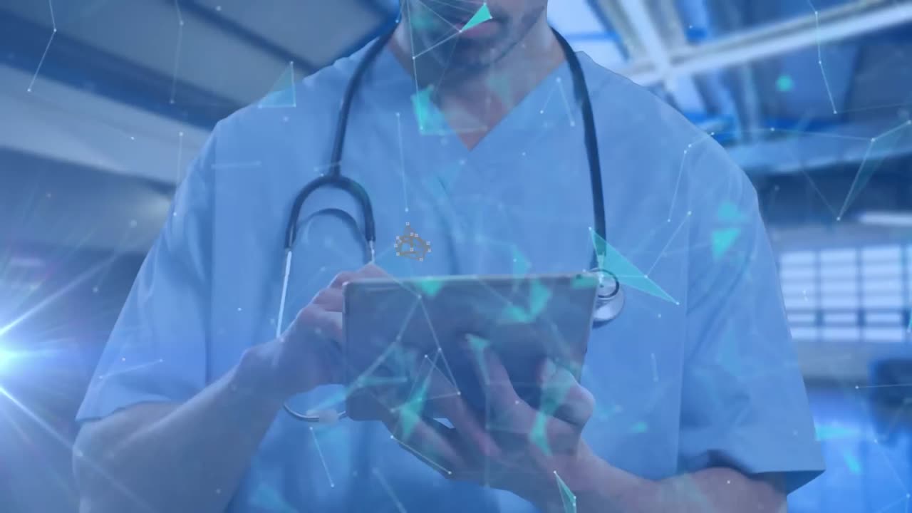 animación de una red de conexiones con iconos sobre un médico caucásico usando una tableta