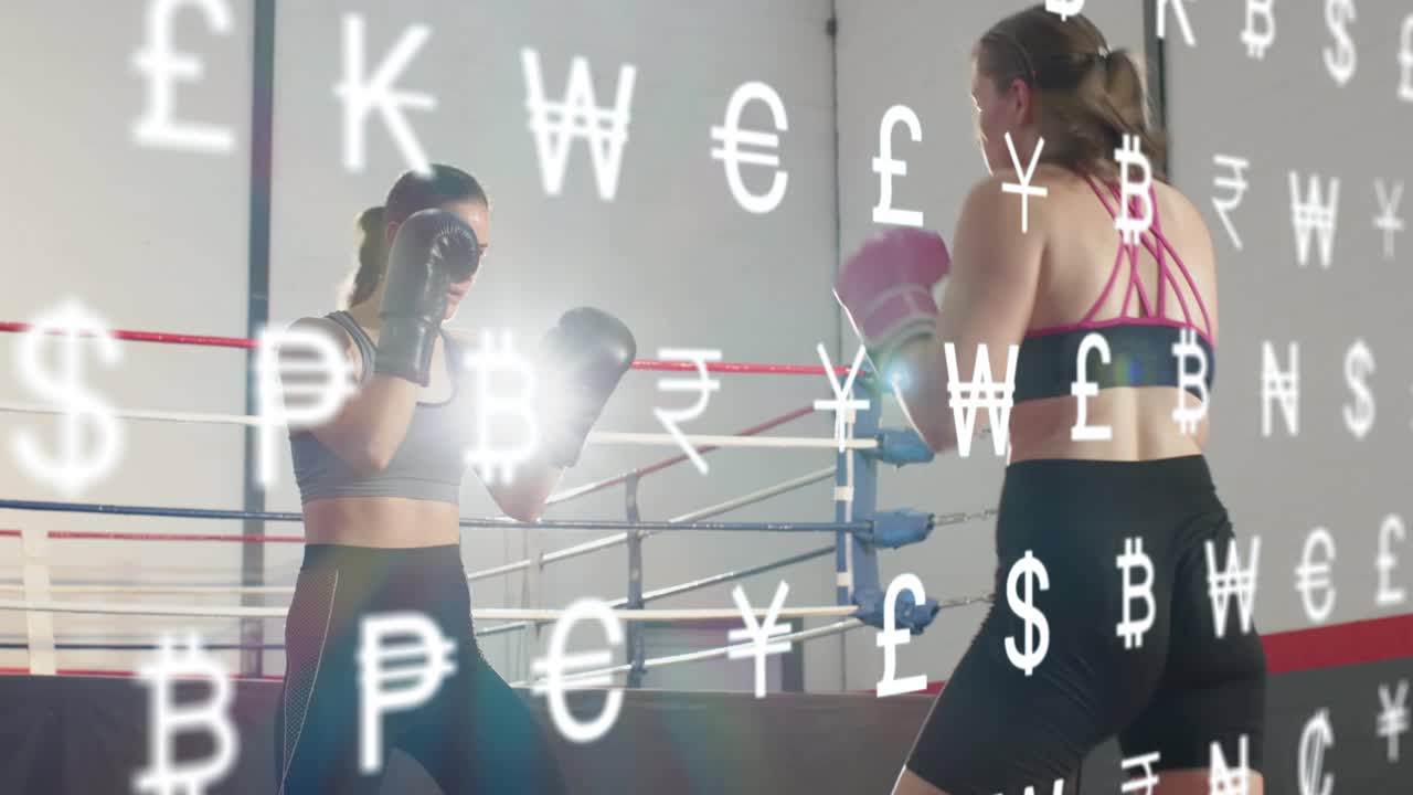 Camera rising as currency symbols drifting partly covering fighters, two women sparring boxing