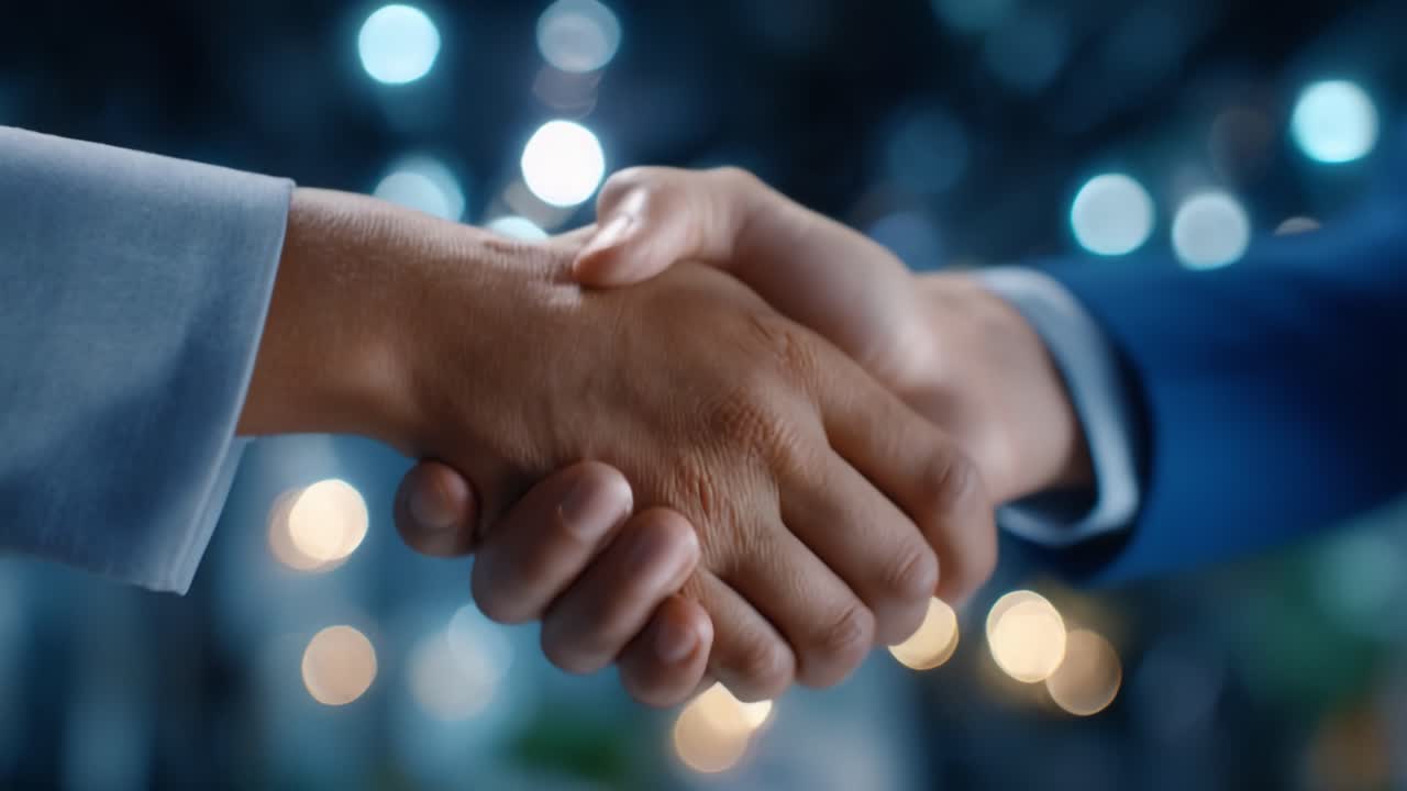 Two individuals engaging in a firm handshake, symbolizing agreement and partnership against a blurred background with soft bokeh lights and professional atmosphere