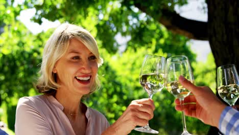 friends toasting glasses of wine at restaurant