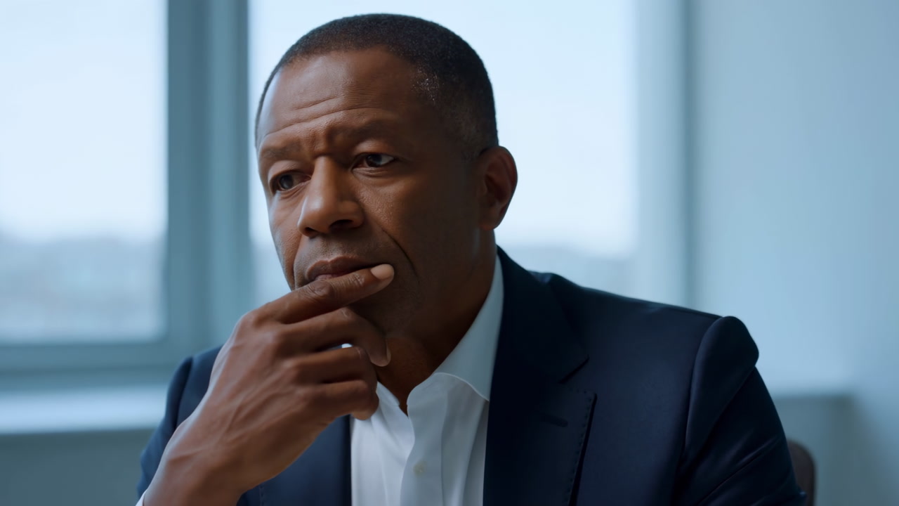 Black Executive In Modern Office, Pensive Black Businessman In Tailored Suit Studies Documents And Stares