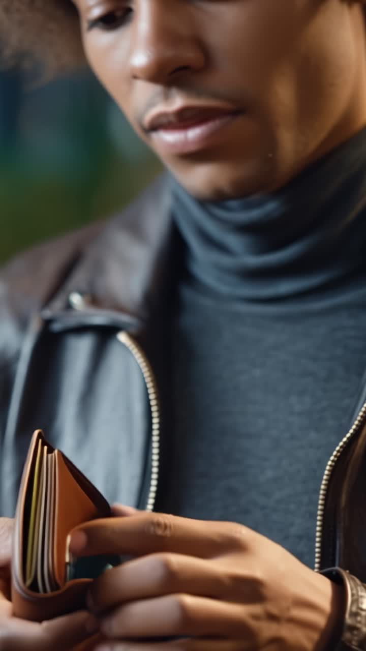 Una persona esamina un portafoglio in pelle marrone mentre indossa una giacca elegante in un ambiente interno, riflettendo la moda moderna e lo stile personale.