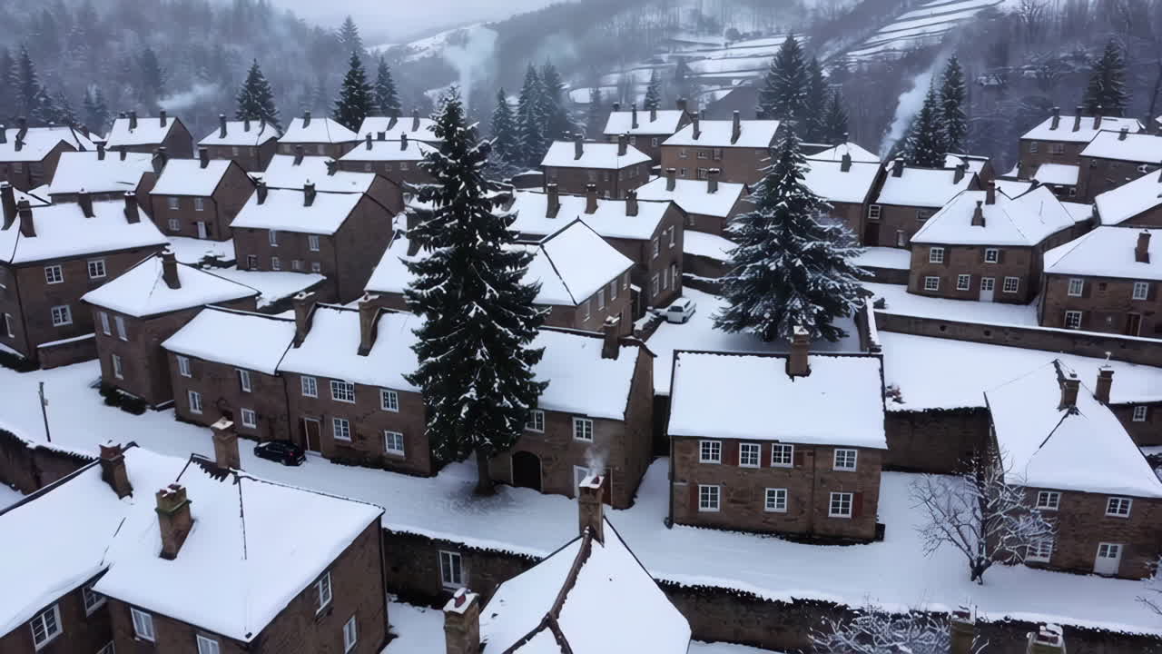 눈 인 마을의 공중 풍경