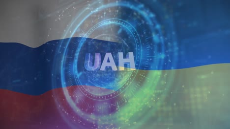 анимация масштаба сканирования и текста uah над украинским и российским флагами