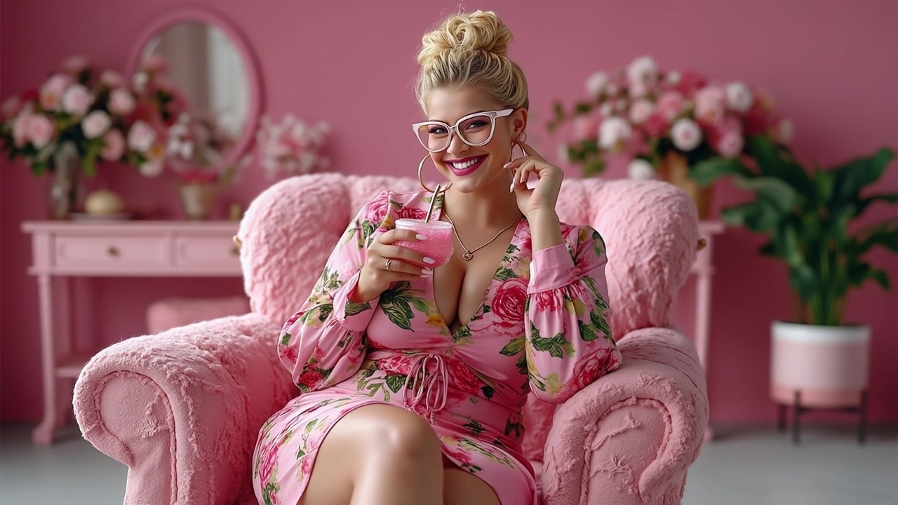 Pembe bir odada çiçekli elbisesiyle pembe içecek içen sarışın kadın.