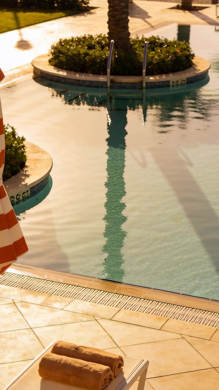 Vertical video: Panning camera left revealing pool with palm planter, towels and striped umbrella