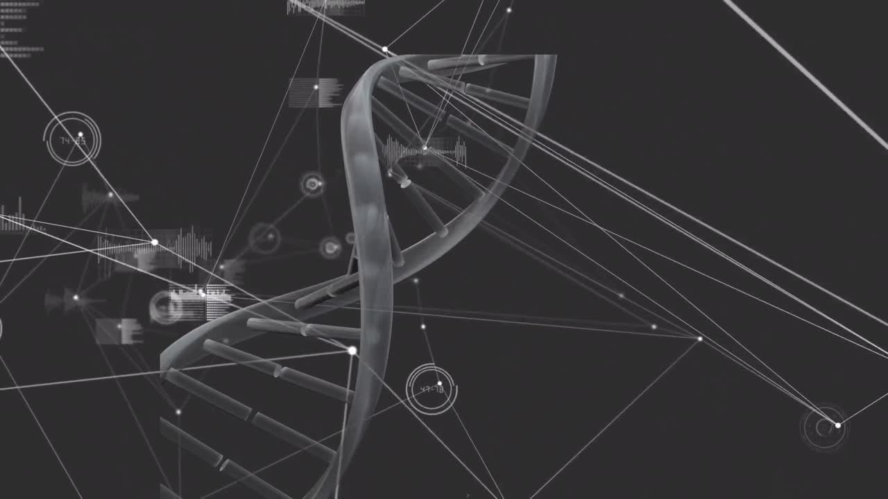 검은 바탕에 연결 네트워크와 데이터 처리를 통해 dna 가닥의 애니메이션
