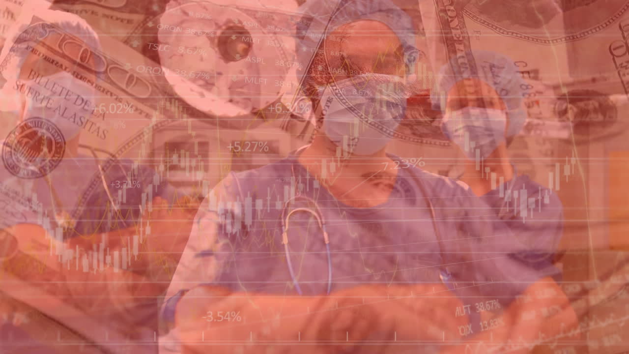 animación del procesamiento de datos financieros sobre billetes de dólares estadounidenses y médicos con máscaras faciales