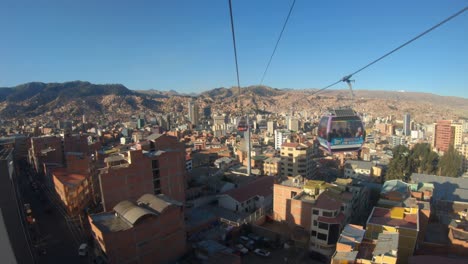 cable car over la paz, bolivia, the sprawling cityscape nestled in the andean mountains under a clear sky, rearview establishing