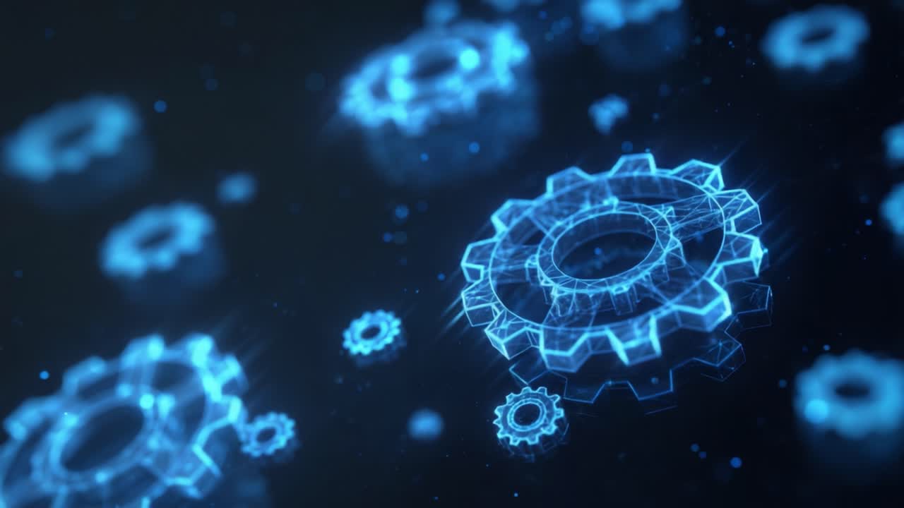 Futuristic Digital Gears in Motion: An Immersive Technology Visualization Showcasing Intricate 3D-Crafted Mechanical Elements Encouraging Innovation and Advancement in Digital Engineering Fields