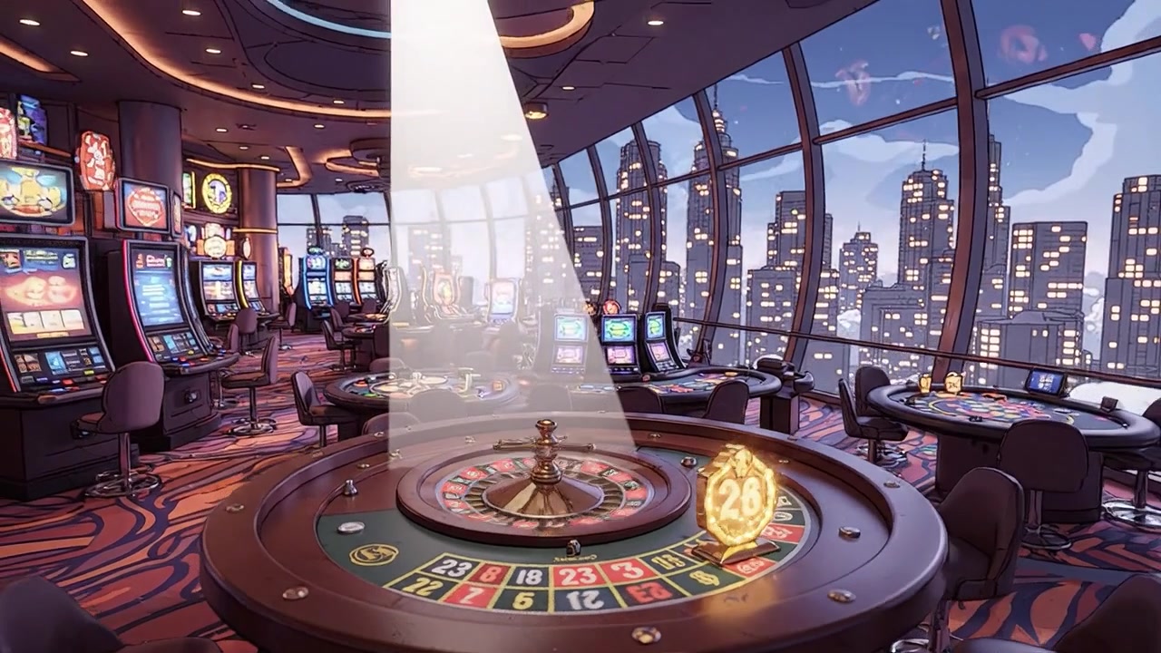 Una Vivace Scena di Casinò con un Tavolo da Roulette Circondato da Slot Machine e Viste della Città Illuminate da un'Illuminazione Drammatica ed Effetti Scintillanti
