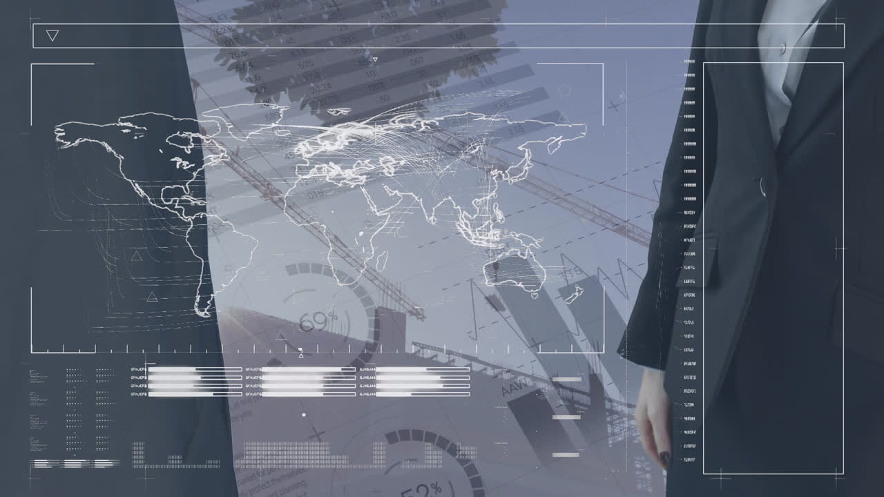 건설 현장과 백인 사업가들이 손을 흔들고 있는 데이터 처리 애니메이션