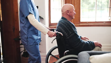 Push,-nurse-or-old-couple-in-wheelchair