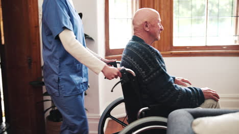 push, nurse or old couple in wheelchair