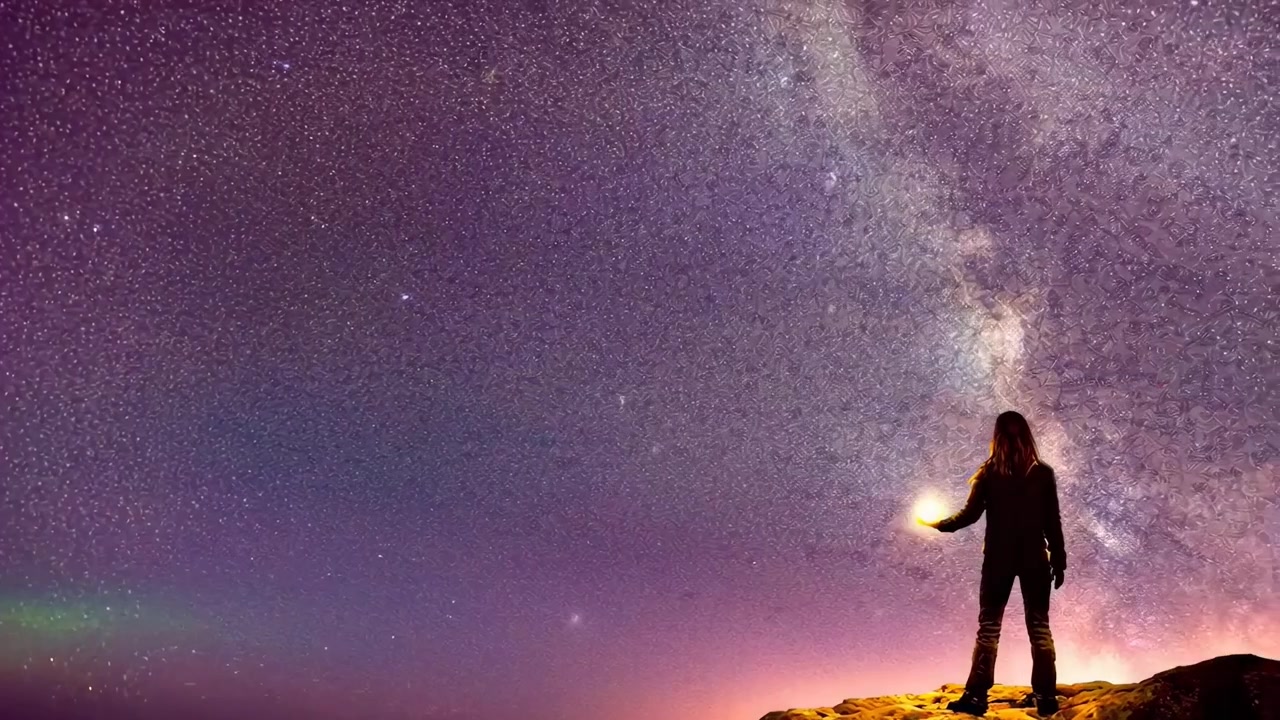 Silueta de una persona sosteniendo un orbe brillante bajo la Vía Láctea