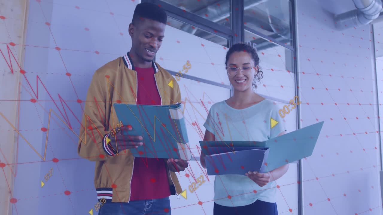 Animation of financial data processing over diverse business people at office