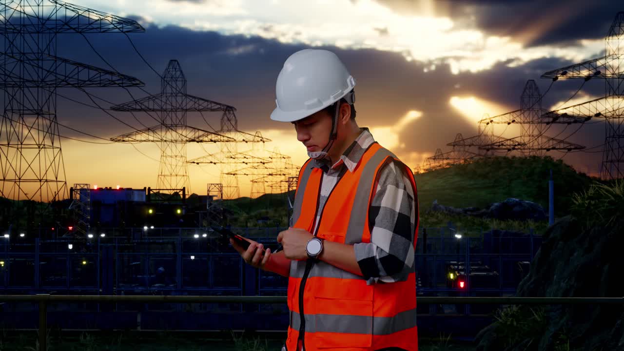 Side View Of Asian Male Engineer With Safety Helmet Talking On Smartphone While Standing Near High Voltage Tower