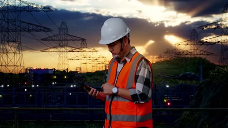side view of asian male engineer with safety helmet talking on smartphone while standing near high voltage tower