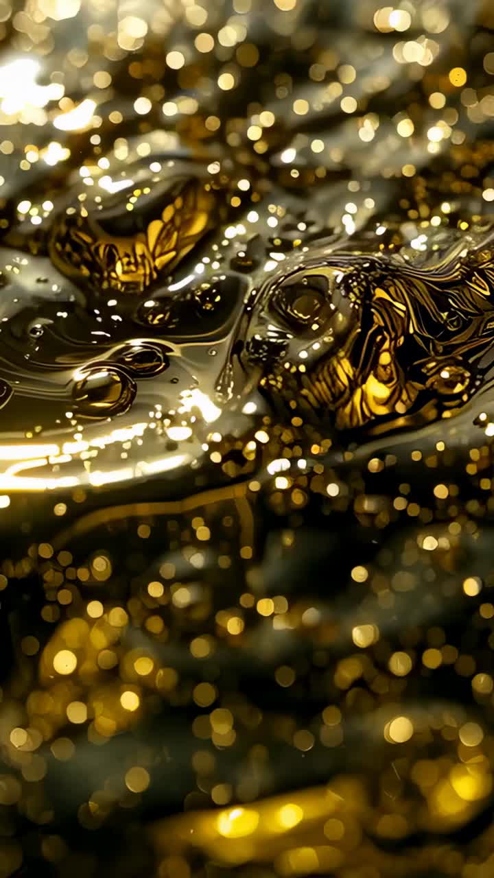 Vertical video: Shimmering golden liquid forming ripples on tray, microbubbles merging under flare