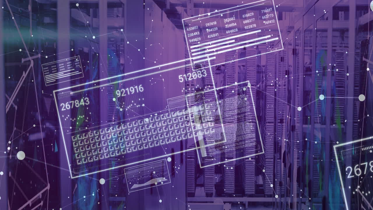 Processing data animation over server racks in data center
