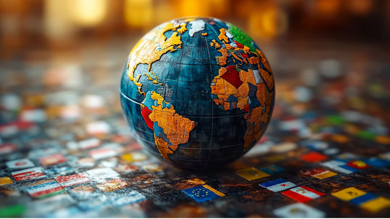 Colorful globe on flag backdrop. A globe sits on a surface covered with various national flags, representing countries from around the world