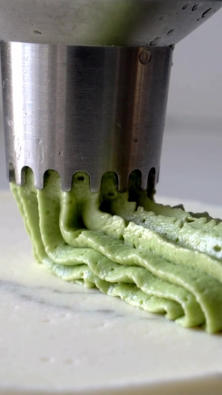 Vertical video: Pressing metal nozzle extruding ribbed green cream on marble slab, creating band