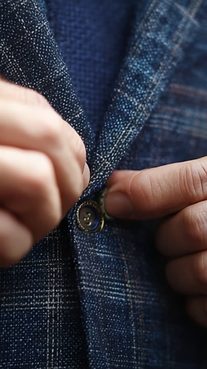Tampilan Jarak Dekat Jaket Jas yang Disesuaikan Sedang Dikancingkan, Menampilkan Tekstur Rumit dan Penampilan Profesional dari Pakaian Elegan