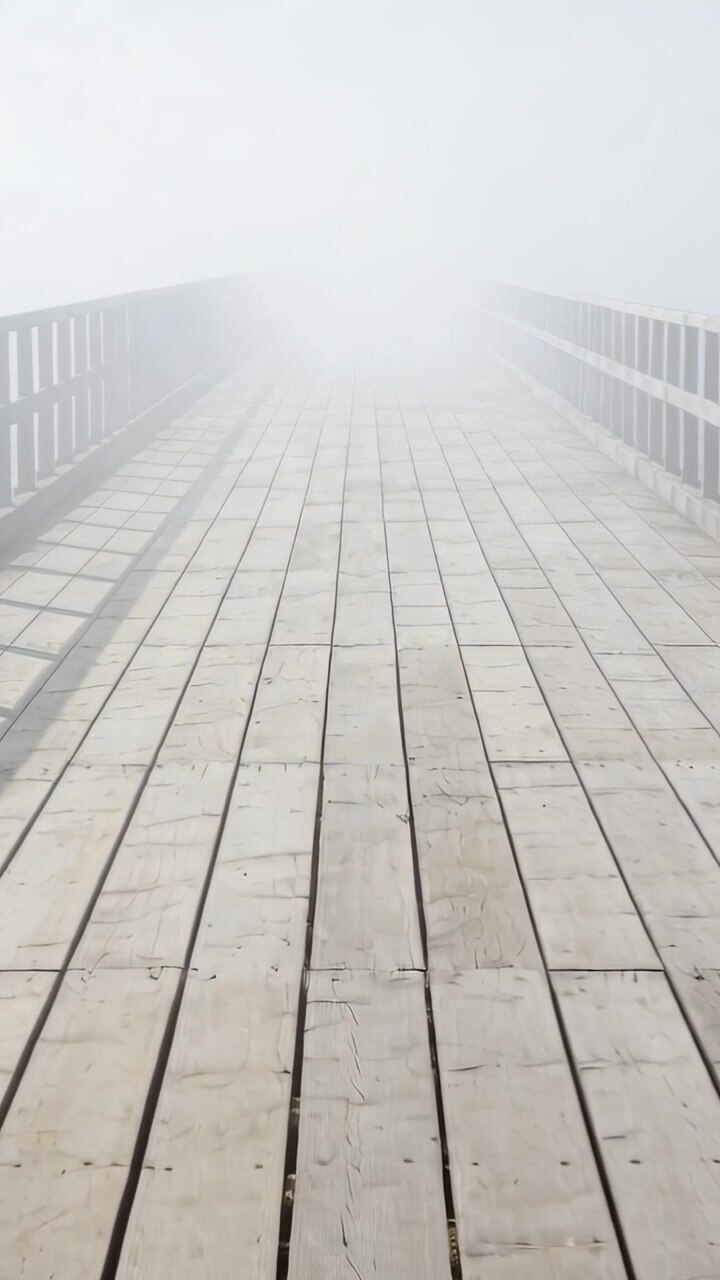 Video verticale: Passerella di legno che si estende e guida lo sguardo verso la nebbia al molo, con assi e ringhiere visibili.