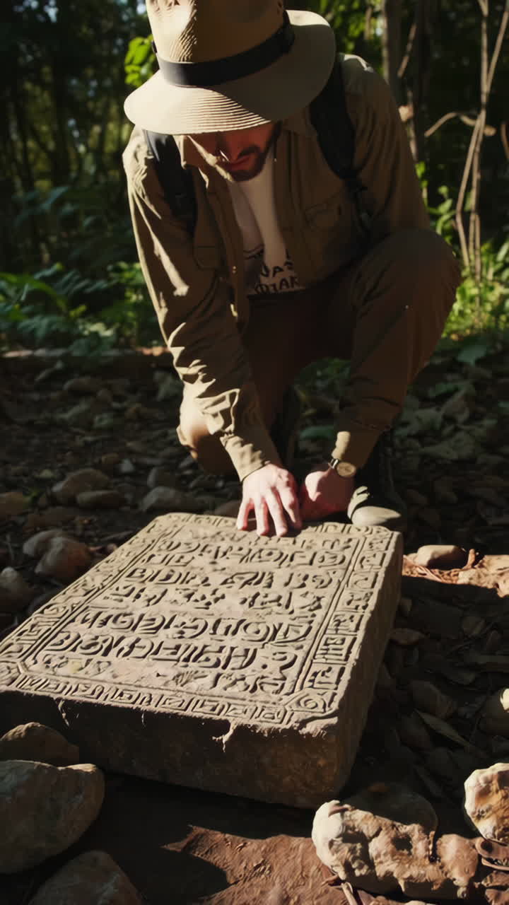 Explorer Examining Ancient Stone Inscription in a Forest