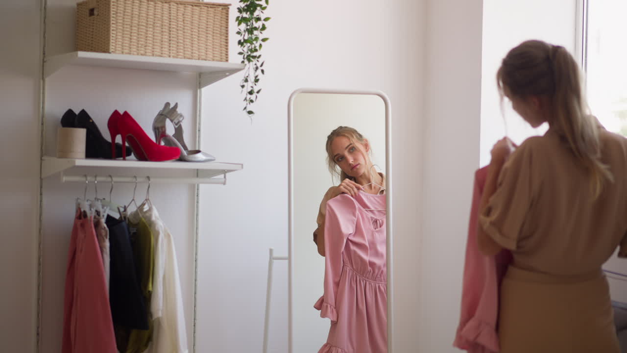 망설이는 여성은 거울에서 데이트에 완벽한 드레스를 선택합니다.