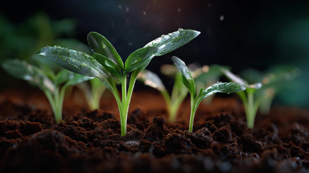 New Life Emerges: Revitalizing Growth of Young Plants Breaking Through the Soil, Nourished by Water in a Lush, Vibrant Environment Under Soft Lighting