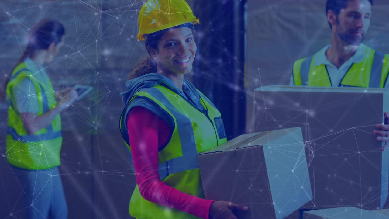 composición del almacén personas en el almacén que llevan cajas combinadas con animación de c