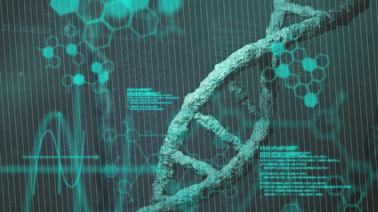 Animation of spinning dna strand over data processing