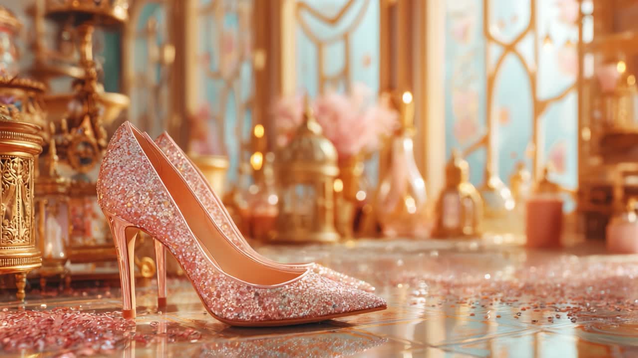 Un paio di splendide scarpe col tacco rosa scintillanti poste su uno sfondo opulento, che emanano lusso e fascino, perfette per gli amanti della moda in cerca di glamour ed eleganza
