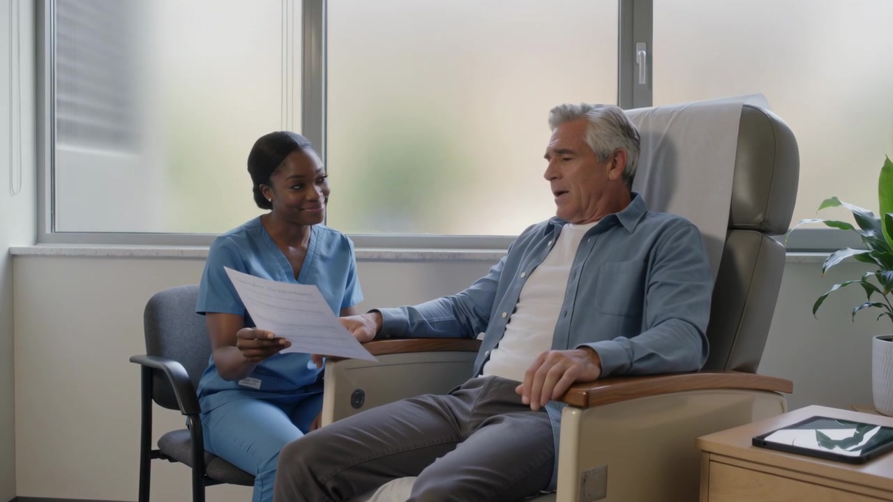 En sykepleier i blå uniform viser et dokument i en klinikkstol, mens pasienten lytter og deretter dupper av.