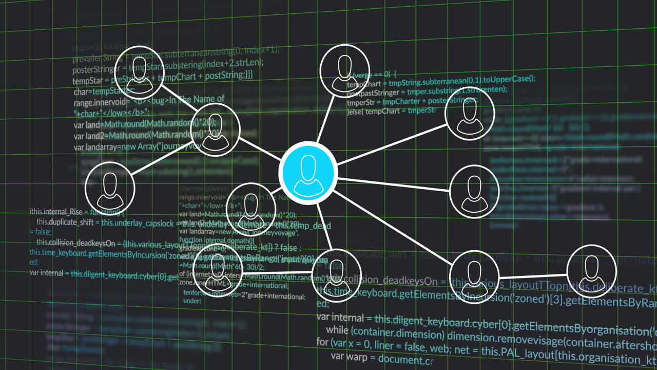 Animating network visualization on code grid background, linking central blue icon with white nodes