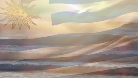 Animation-Der-Flagge-Von-Uruguay,-Die-über-Der-Strandlandschaft-Weht