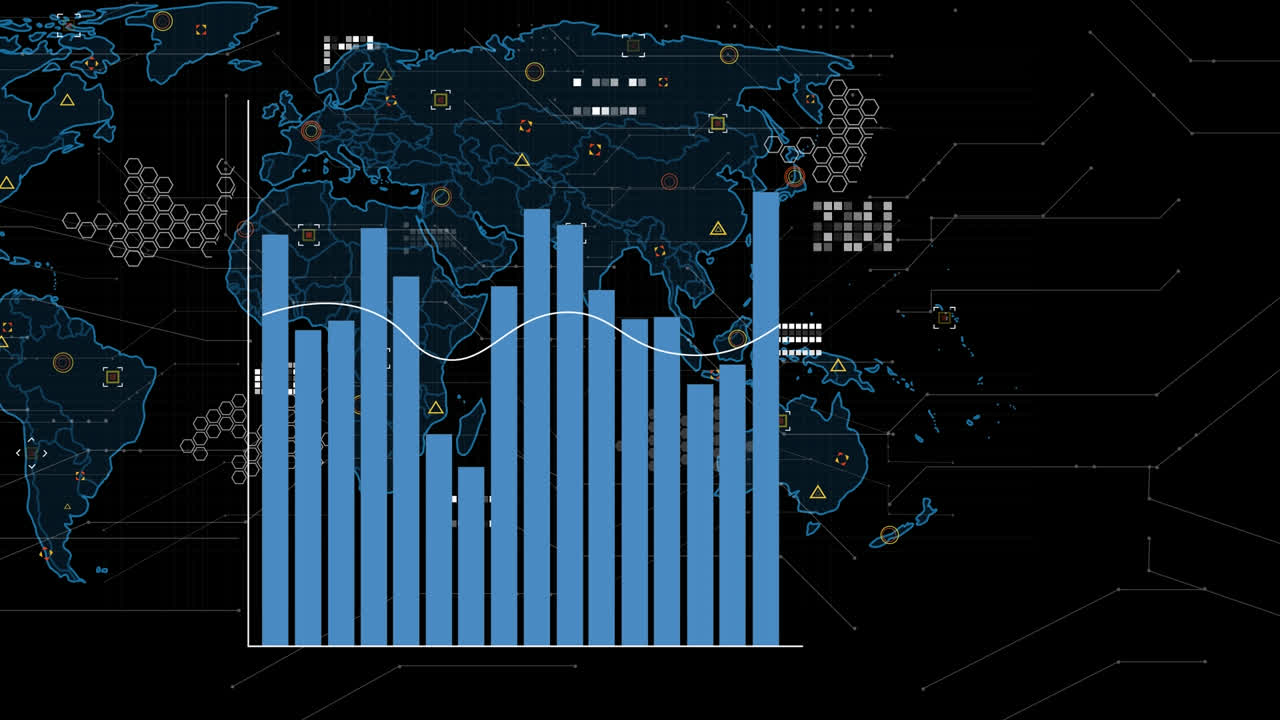 Animation of financial graphs, data and world map on black background